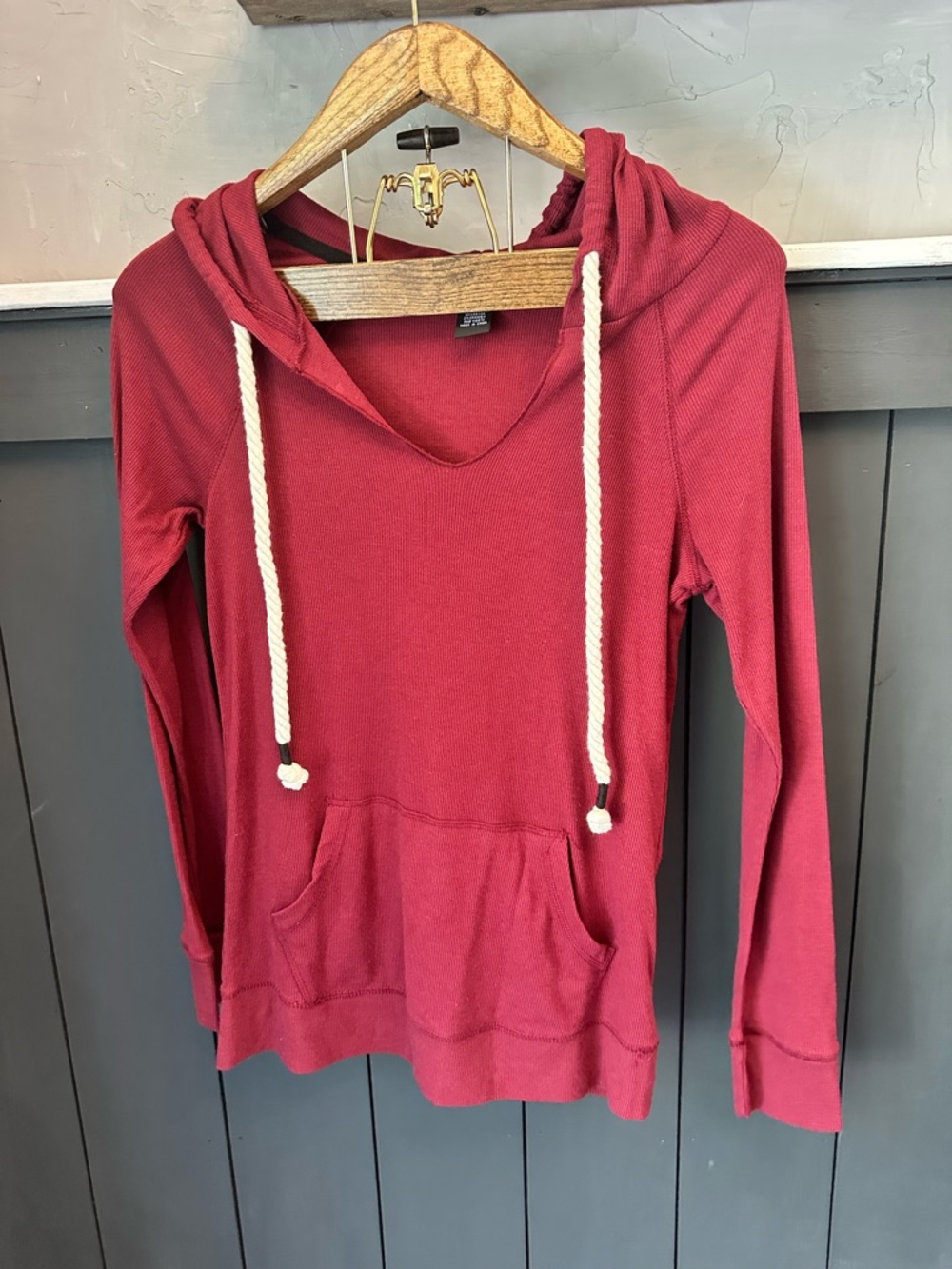 Miss Chievous Plum Ribbed Knit Hooded Tie Front Top Size Medium Y2K Boho
